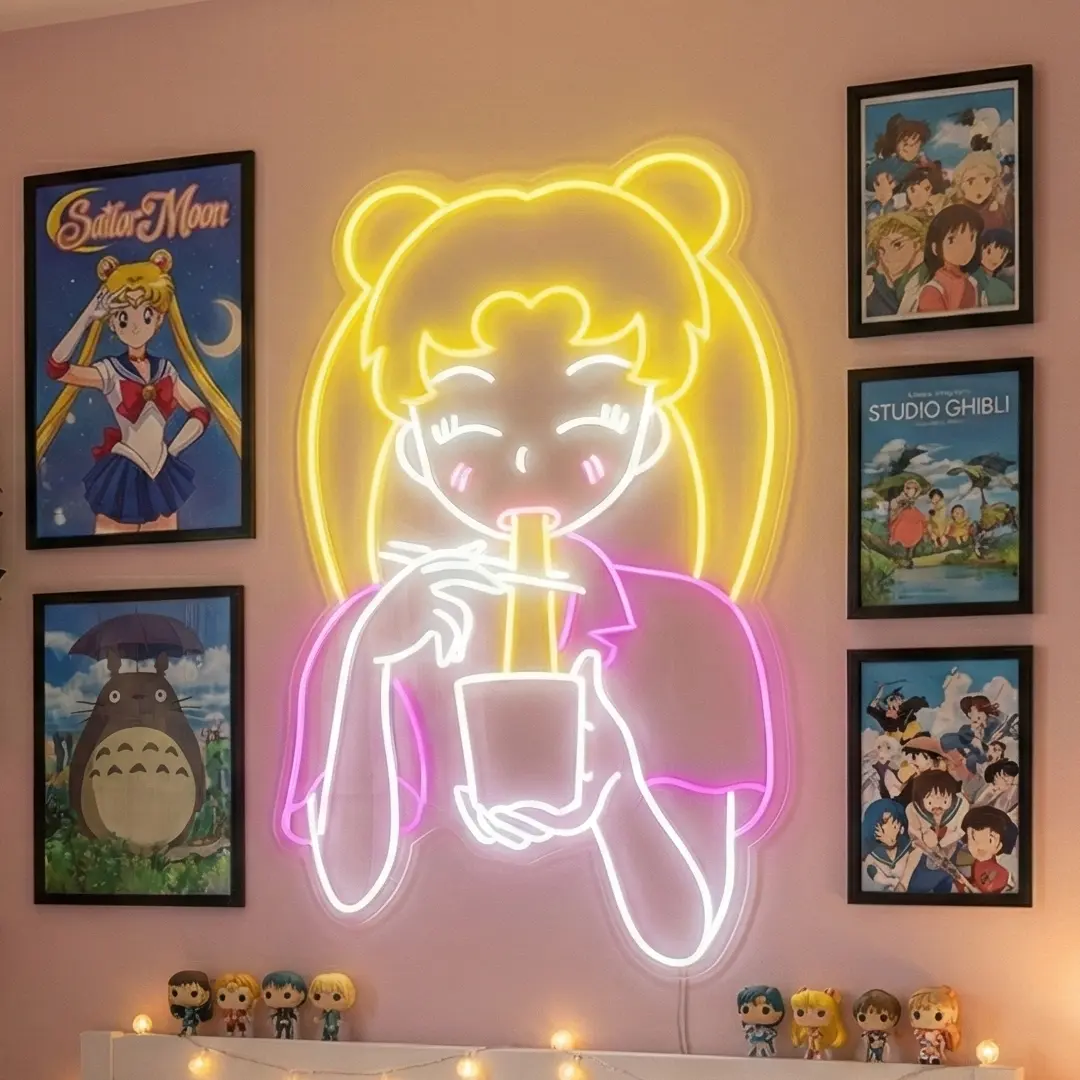 Letreiro neon vibrante inspirado em anime para setup